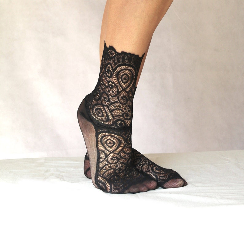 Black Scalloped Lace Socks and Mesh Socks. Handmade Womens Socks image 5