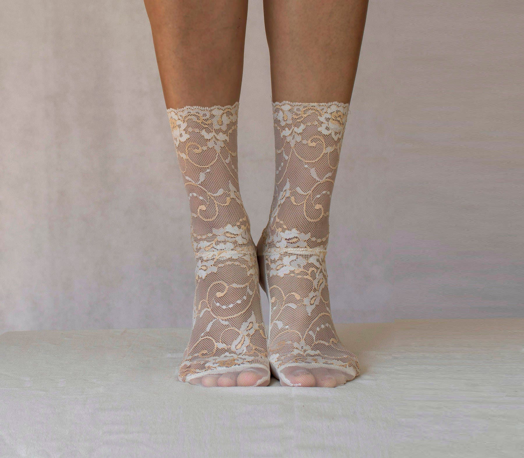Lace Socks. Ivory and Beige Floral Scalloped Edge Design. | Etsy