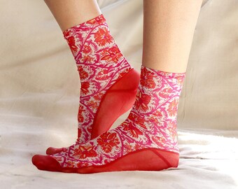 Red Floral Mesh Socks with sheer Red Soles