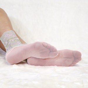 Embroidered Lace Women's Socks. Light Mint Green and pink image 4