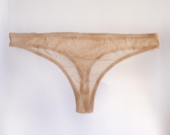 Sheer Mesh Thong Panties.  Breathable Invisible Underwear. Nude Beige