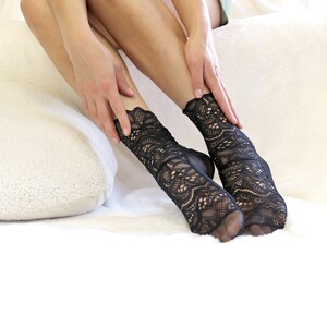 Black Lace Socks. Scalloped Edge Lace and Mesh socks. Handmade Womens Socks image 4