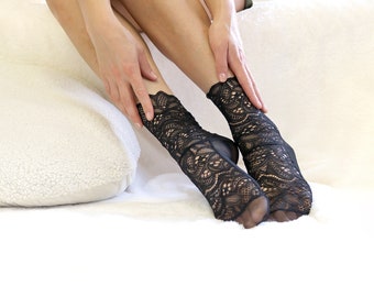 Black Floral Lace Socks, Milano Statement Socks for Women, Sheer Socks,  Women's Ankle Socks, Beaded