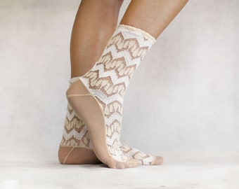 Womens Lace Socks in Ivory and Beige . Geometric Zig Zag Design. Custom soft socks