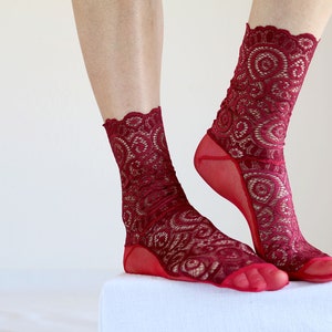 Off White Lace Socks. Scalloped Edge Lace and Mesh socks. Handmade Womens Socks Burgundy