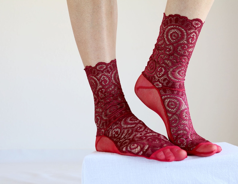 Off White Lace Socks. Scalloped Edge Lace and Mesh socks. Handmade Womens Socks Burgundy