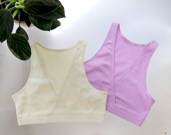 Biologische katoenen bralettes set van 2. Lavendel en naturel. Duurzaam ondergoed. Verpleegkundige bralette