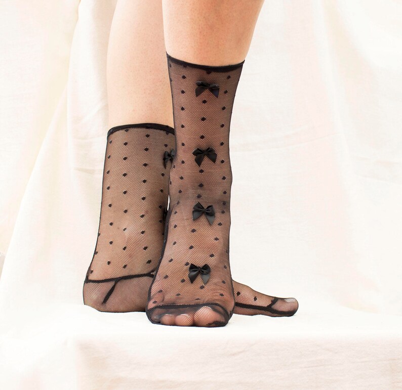 Black Mesh Socks with Bows. Homemade Socks. Dotted Swiss Mesh. Etsy