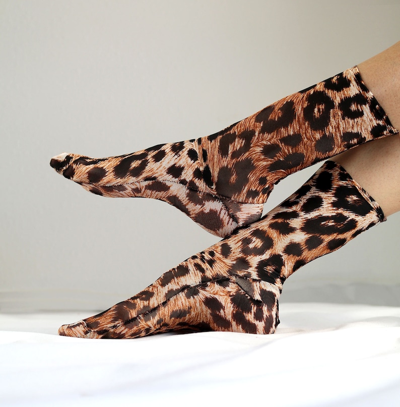 Leopard Print Mesh Socks. Sheer Nylon Socks. Handmade Ankle Socks. Brown