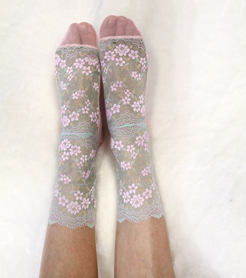 Embroidered Lace Women's Socks. Light Mint Green and pink image 1