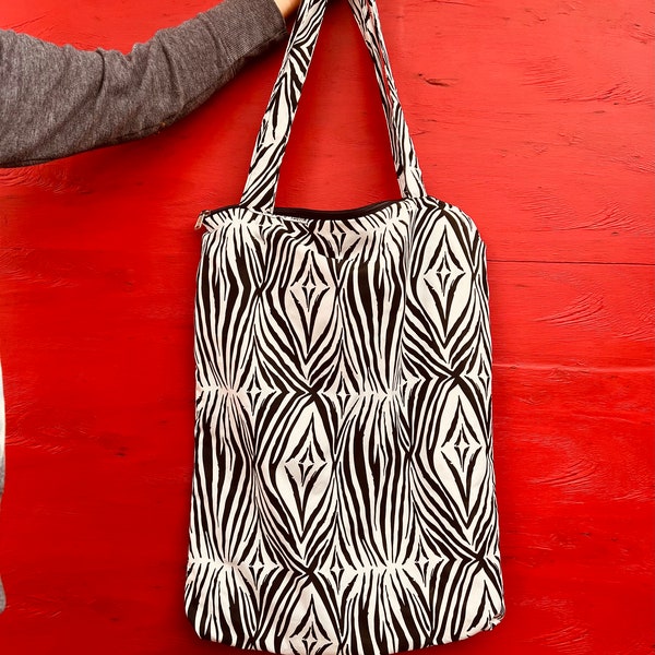 Big Hand Made Zebra Print Tote Bag made in africa by woman owned business zipper closure carry all shoulder bag