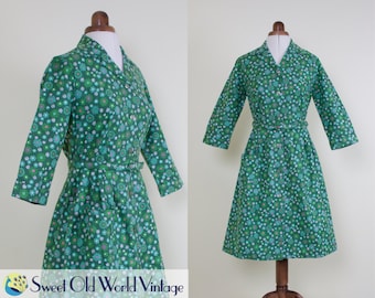 Vintage 50s 60s groene jurk Floral Shirt || Shirtwaist || Katoen || Herfst Winter || Longsleeve || 1950s 1960s || Knop omhoog || Kleine, maat 8