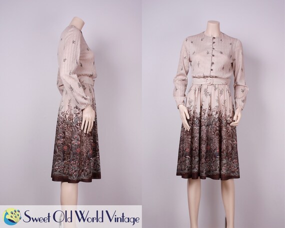Vintage 70s Border Print Dress 1970s Brown Border