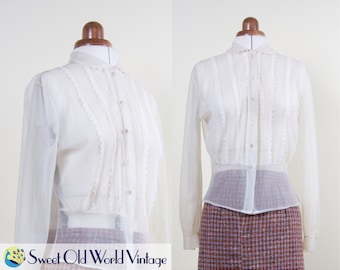 Vintage 40s 50s Sheer White Blouse || Peter Pan Collar || Nylon || 1940s 1950s || Spring || Mid Century || Long Sleeve || Small, Size 8