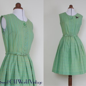 Vintage 1950s Green Cotton Sleeveless Day Dress, Small