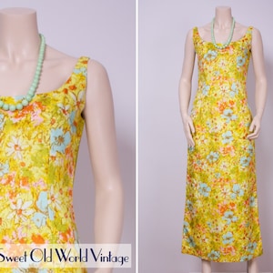 Vintage 1960s Yellow Floral Silk Sleeveless Maxi Dress / Cocktail Dress - Small