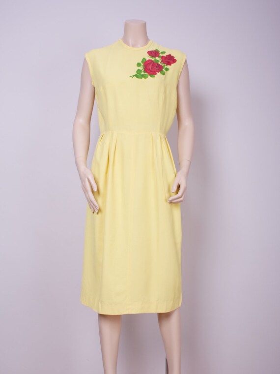 Vintage 1960s Yellow Wiggle Dress with Rose Print… - image 2