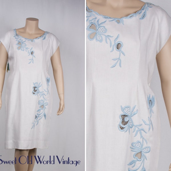 Vintage 1960s Linen White Wiggle Dress with Blue Embroidery, Large