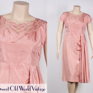Vintage 1950s Rose Pink Cocktail Dress with Applique Detail. Medium-Large