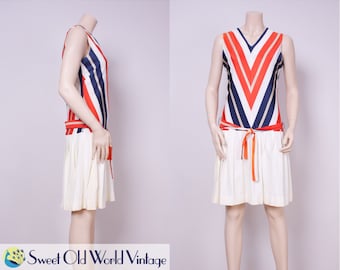 Vintage 1920s Style Drop Waist Dress with Pleated Skirt. Sporty Vintage Dress