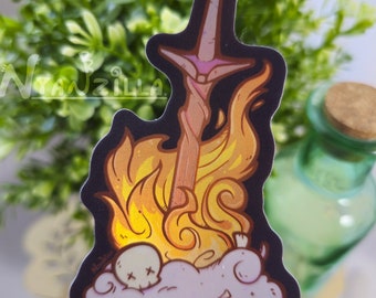 May include: A sticker featuring a sword engulfed in flames, with a skull and crossbones at the base. The sword is pink and the flames are yellow and orange.