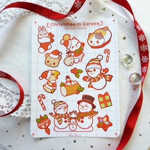 Könnte beinhalten: Eine Sticker-Tafel mit einem Weihnachtsmotiv, die verschiedene Charaktere aus dem Spiel Final Fantasy XIV zeigt. Die Tafel enthält einen Hasen in einem Strumpf, eine Katze mit einem Weihnachtsmann-Hut, einen Schneemann und einen Yule-Log-Kuchen.