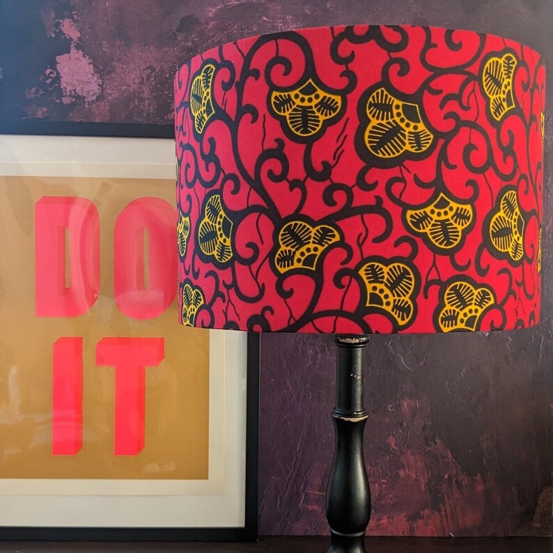 Red Gold mini flower African lampshade, 30cm drum lamp shade for table lamp or ceiling, floral patterned lampshade, birthday lampshade gift image 7