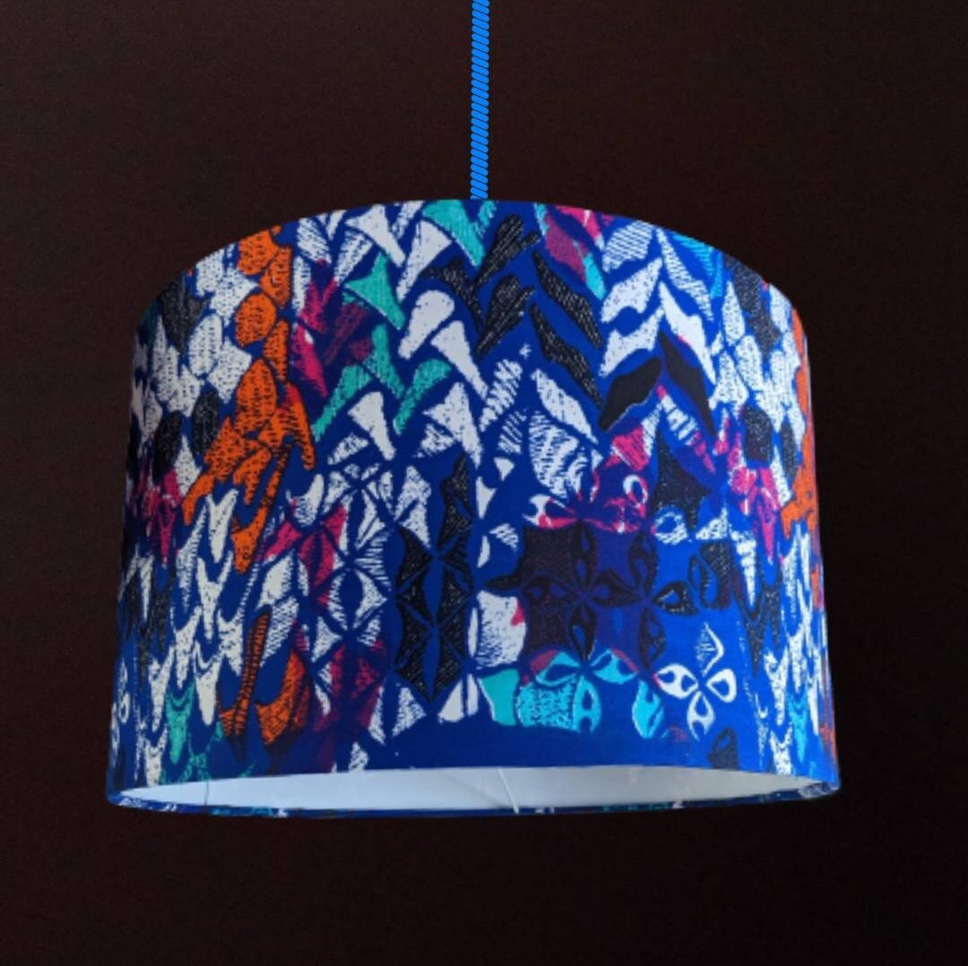Blue Abstract 40cm Drum African Lampshade, Ceiling Lighting Floor