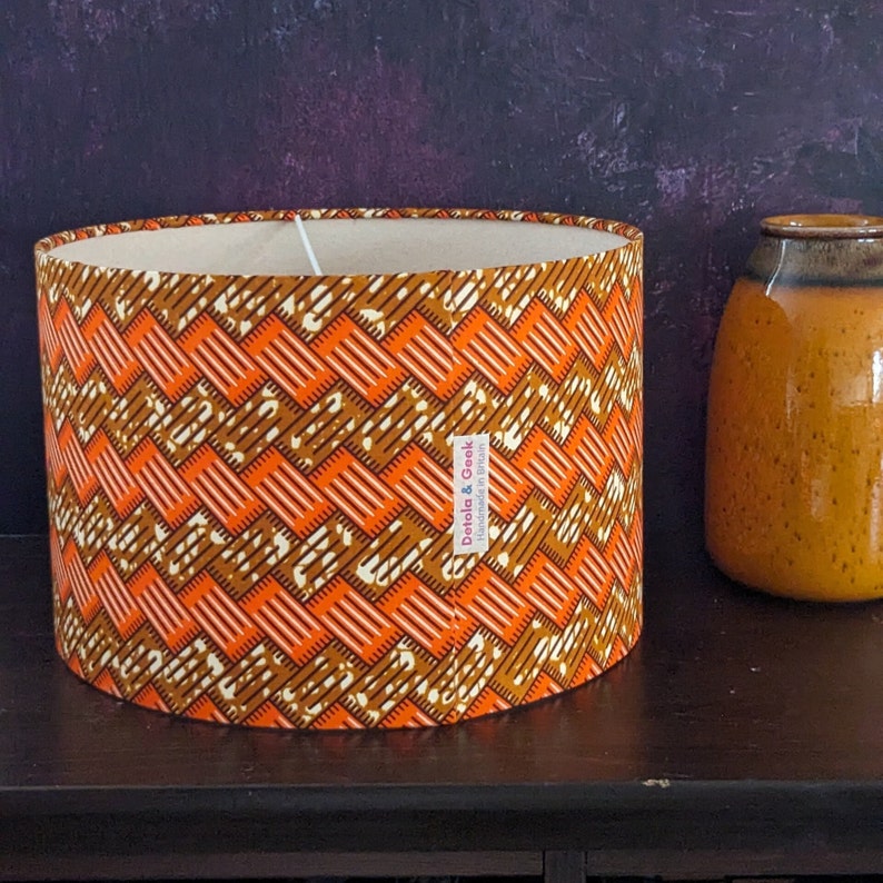 Double Lined Orange Brown African lampshade, Brick wall pattern drum lampshade, Table Ceiling Lampshade image 3