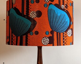 Large Burnt Orange African Lampshade, Table Floor lampshade with blue Poppy flower, 35cm Drum Lampshade,