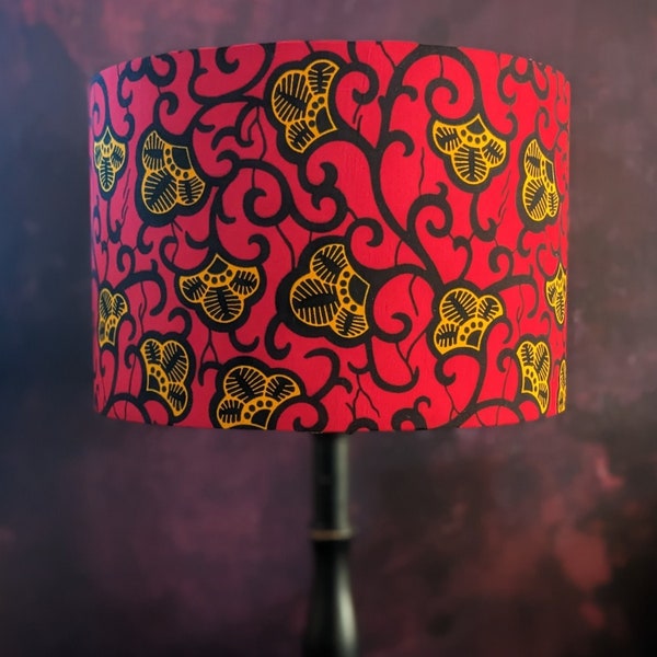 Red Gold mini flower African lampshade, 30cm drum lamp shade for table lamp or ceiling, floral patterned lampshade, birthday lampshade gift