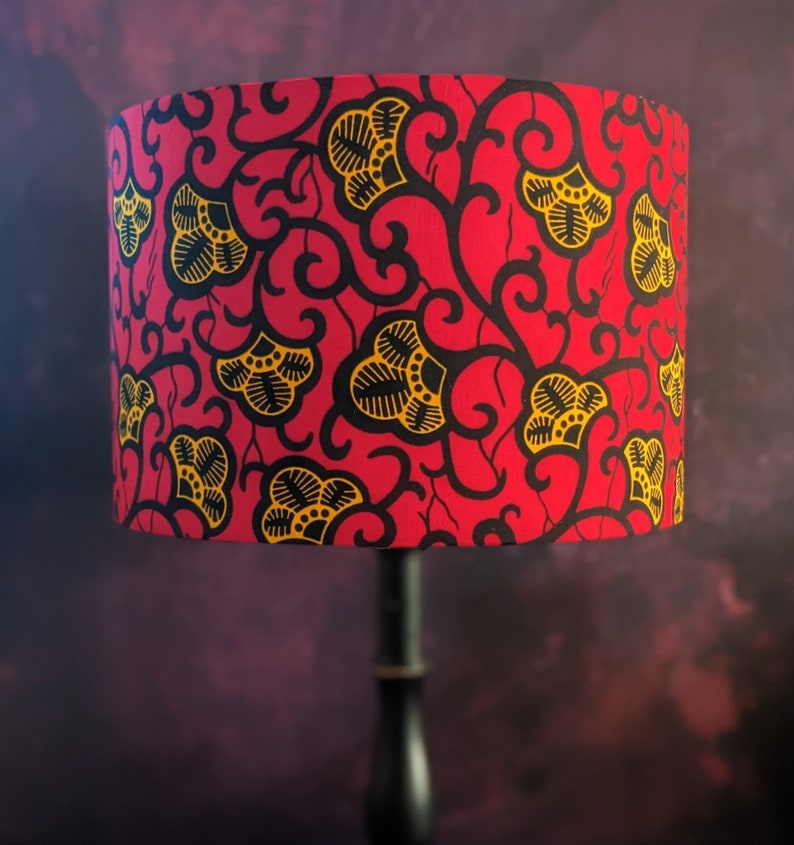 Red Gold mini flower African lampshade, 30cm drum lamp shade for table lamp or ceiling, floral patterned lampshade, birthday lampshade gift image 1