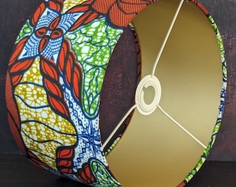 Colourful African wax print lampshade, 30cm drum ceiling table lampshade, Tropical African pattern lampshade, Gold Lined Drum Lampshade