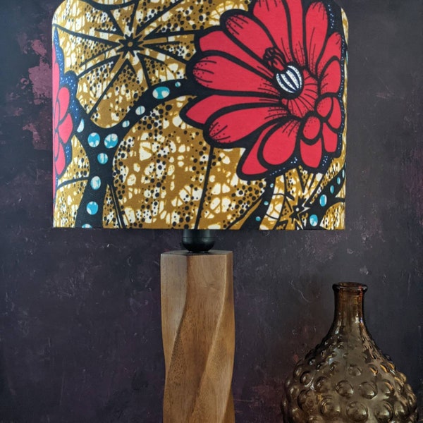 Rustic African wax print lampshade, Red flower drum Lampshade, modern farmhouse Boho decor