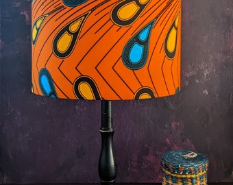 Orange African wax print lampshade, peacock feather lampshade, 30cm table ceiling drum lampshade,