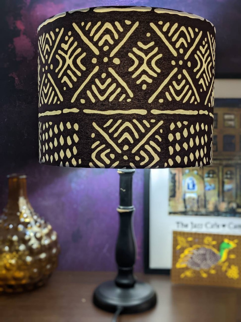 African Mudcloth Lampshade, Double sided fabric lampshade, Brown Bogolan Tribal Lampshade, Father Day New Home Bachelor Pad Lampshade Gift image 9