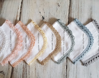 Crochet Edge Burp Cloth - Muslin Baby Dribble Cloth - White with Royal Rayon Edge