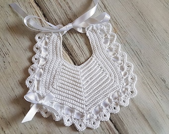 Crochet Baby Bib - 'BOW' - Vintage Design - Christening / Special Occasion / Heirloom - Baby Gift - Baby Shower Handmade by Old Vintage Bike