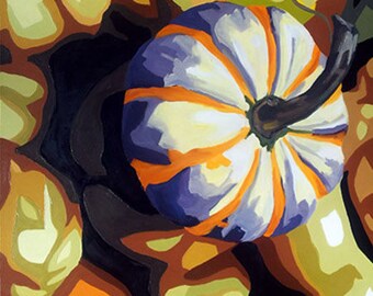 Orange Striped Squash square matted archival fine art print, from original semi abstract vegetable still life painting by Lisa Foster