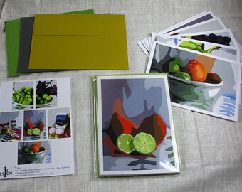 Food Still Life notecards, Set of 8 large 5x7 blank art cards, "Still Life" series cards by Lisa Foster