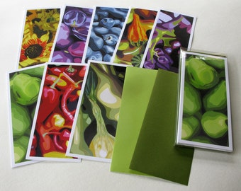 Fruit and Vegetable notecards, Set of 8 blank art cards, "At the Market" series cards by Lisa Foster
