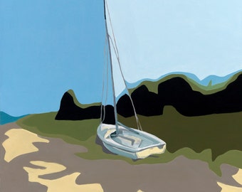 Sailboat matted archival fine art print, from original semi abstract landscape painting "Waiting for the Wind II" by Lisa Foster