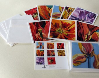 Tulip cards, Set of 8 square flower blank art note cards, "Square Tulip" series by Lisa Foster
