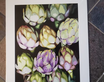 Artichokes print, Limited edition archival giclee matted print semi abstract vegetable still life painting by Lisa Foster