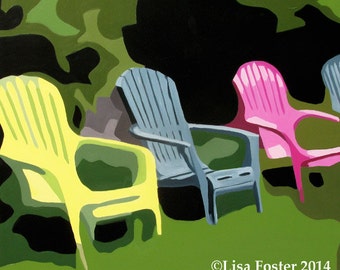 Adirondak chair matted archival fine art print, from original semi abstract landscape painting "Drinks at Five" by Lisa Foster