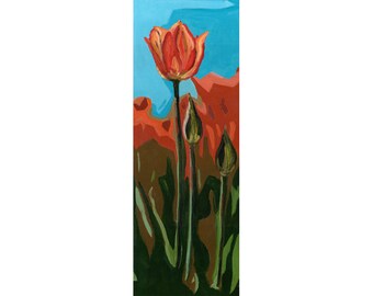 Tulip Field print, Orange Tulips, matted archival Semi abstract giclee, matted to 8x16, limited edition print "Family Time"