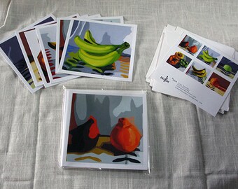 Still Life fruit and vegetable notecards, Set of 6 5.25 inch square blank art note cards, "Still Life Square" series cards by Lisa Foster