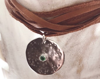 Hammered disc with green CZ leather wrap boho choker | tube set gemstone necklace | green CZ necklace | leather wrap choker necklace