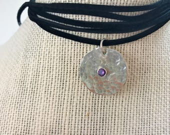 Hammered disc with purple CZ leather wrap boho choker | tube set gemstone necklace | Purple CZ necklace | leather wrap choker necklace