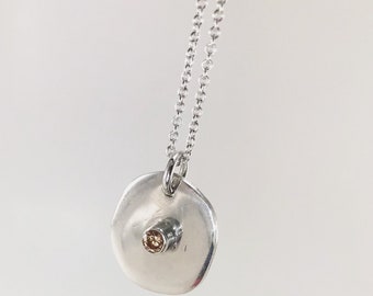 Champagne CZ  on Sterling Silver Pendant Disc with sterling silver chain